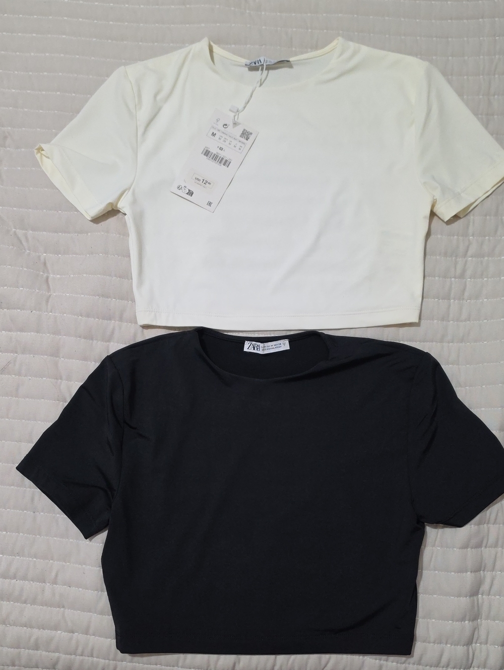 Zara Woman Short Sleeve Crop Tops in Black and Cream - 2-Pack